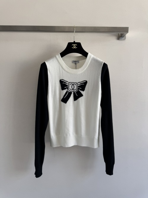 Chanel Women's Bow Print Knitted Sweater, Round Neck, Long Sleeve, Wool Blend 1 Chanel Women's Bow Print Knitted Sweater, Round Neck, Long Sleeve, Wool Blend