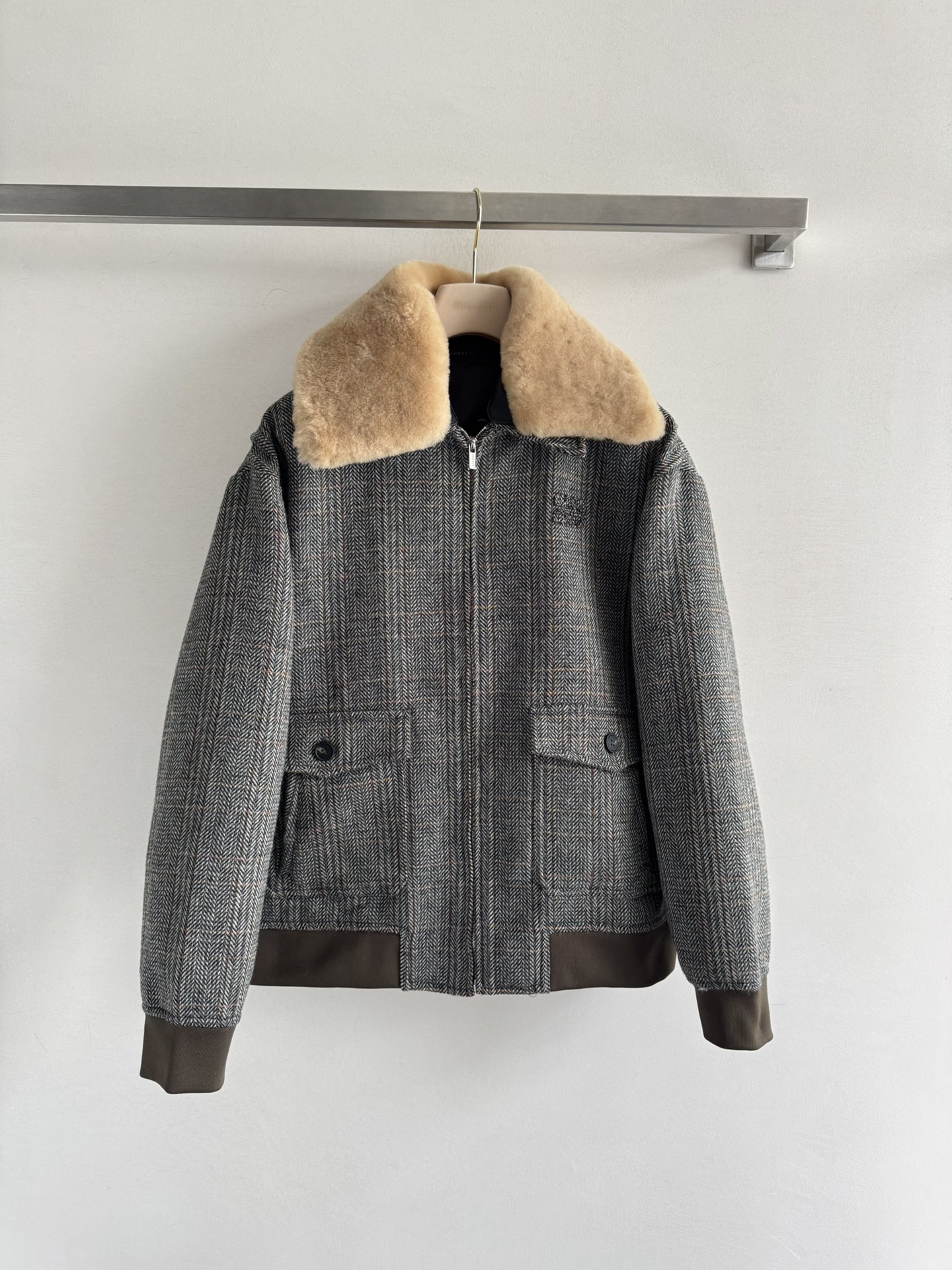 Miu Miu Women's Plaid Wool Blend Jacket with Shearling Collar