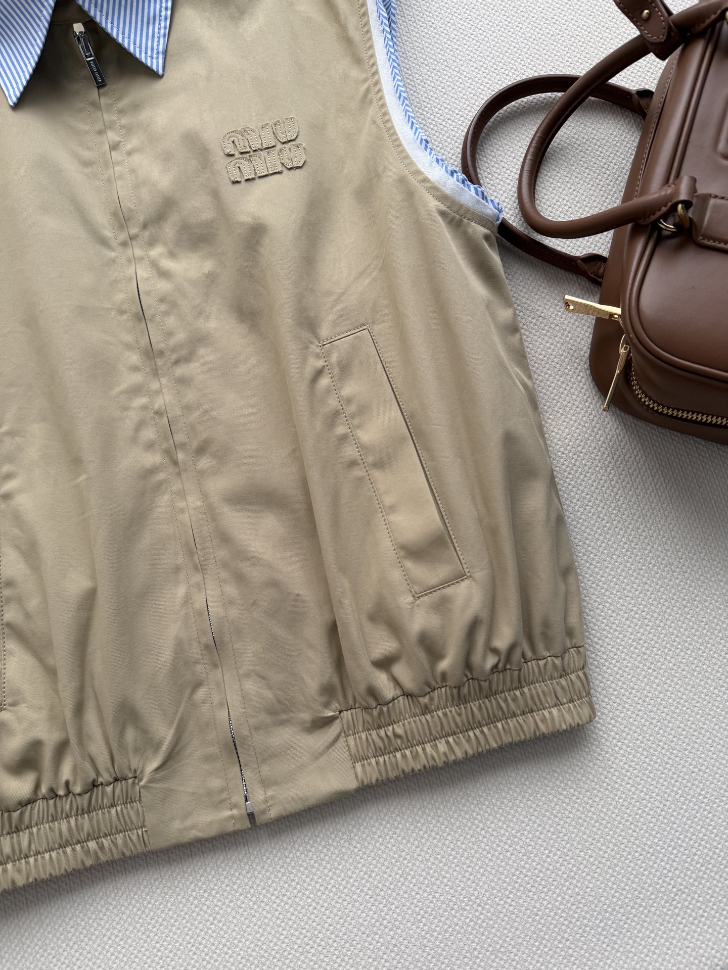Miu Miu Khaki Spliced Stripe Collar Zip Vest