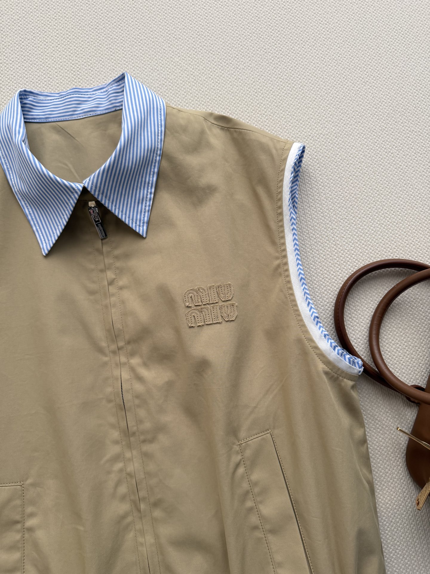 Miu Miu Khaki Spliced Stripe Collar Zip Vest