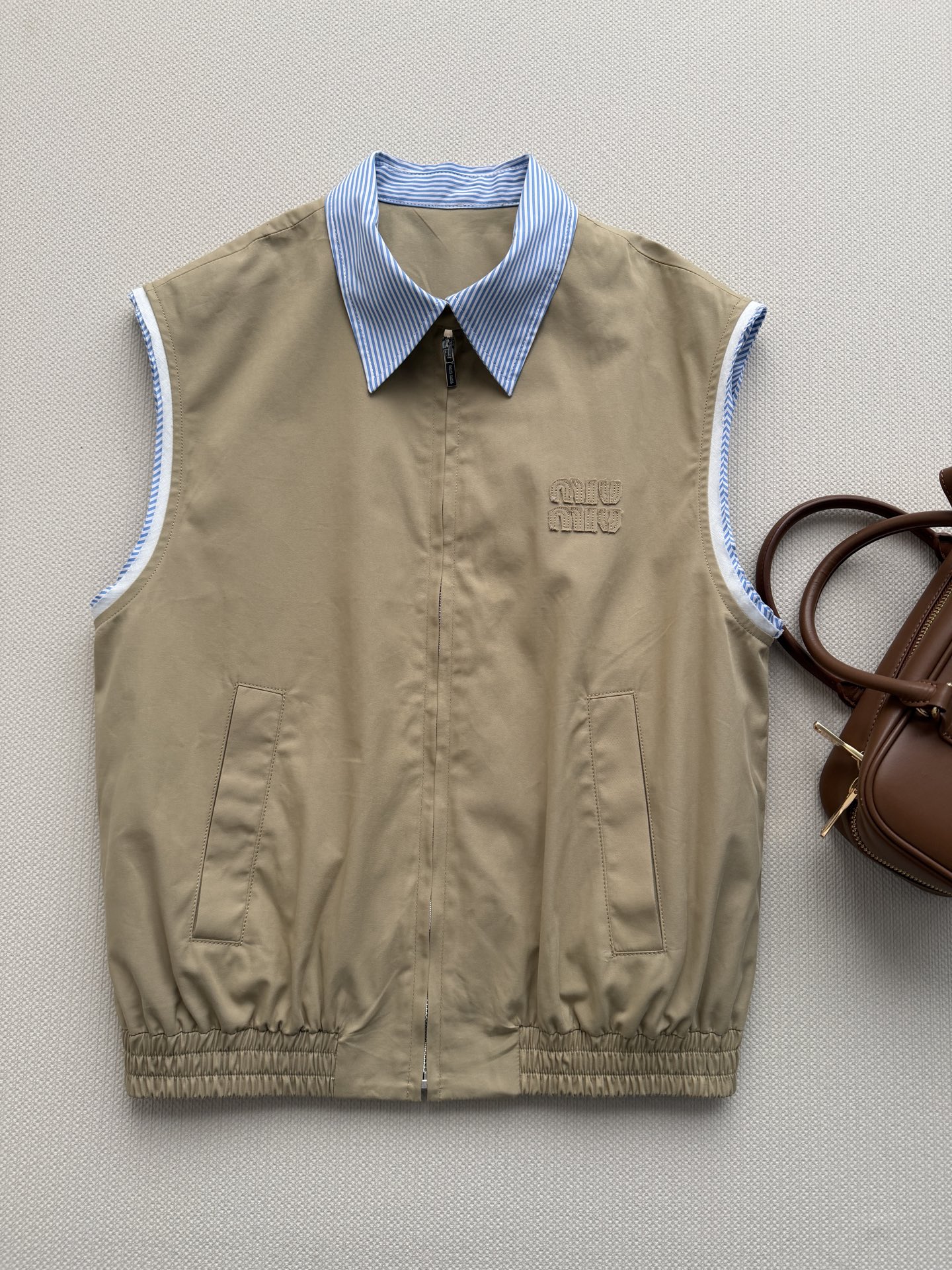 Miu Miu Khaki Spliced Stripe Collar Zip Vest