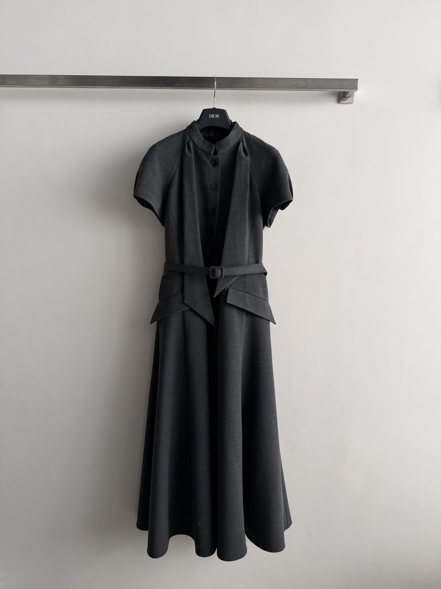 Stand Collar Belted Midi A-line Dress