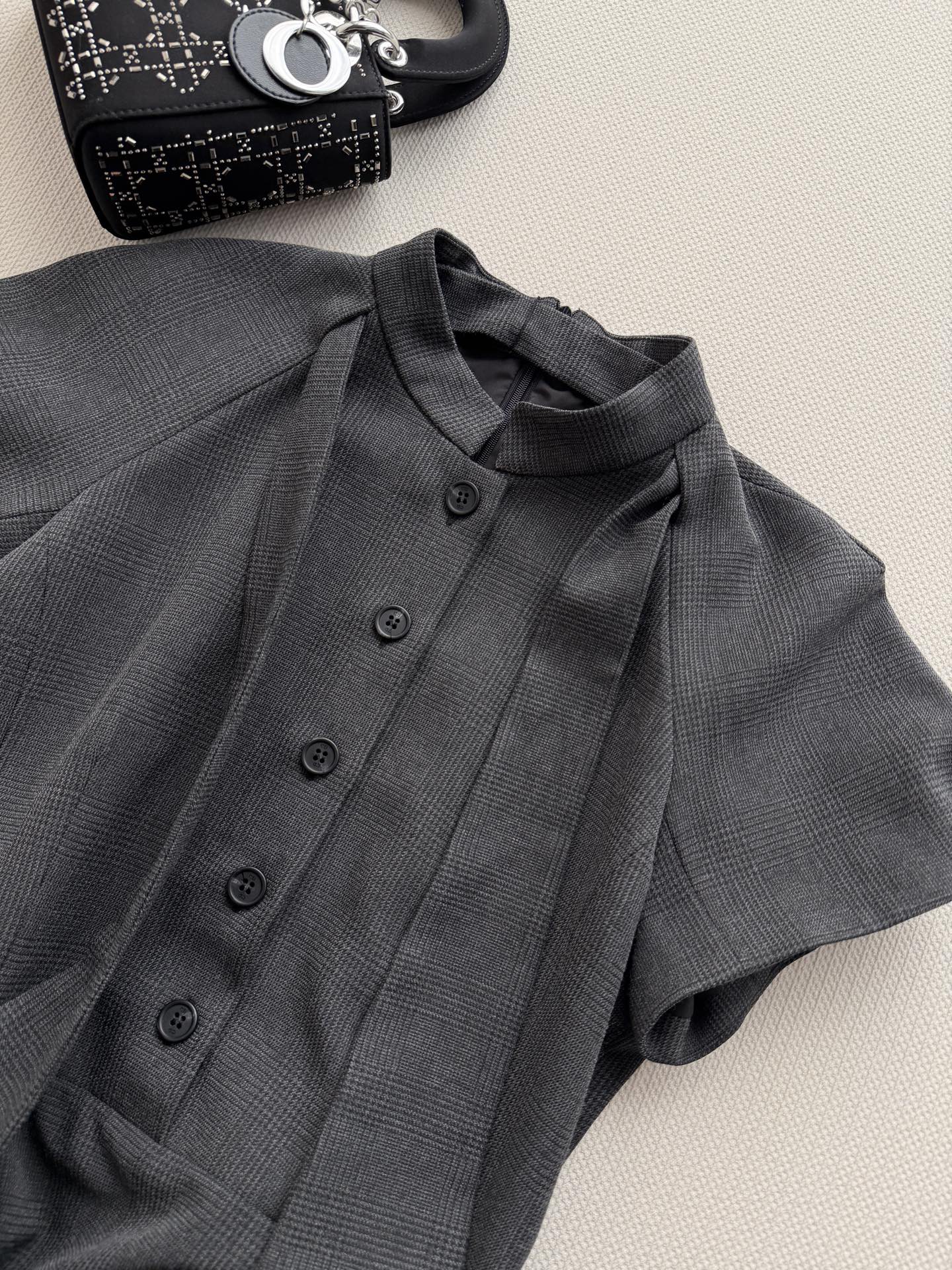 Stand Collar Belted Midi A-line Dress