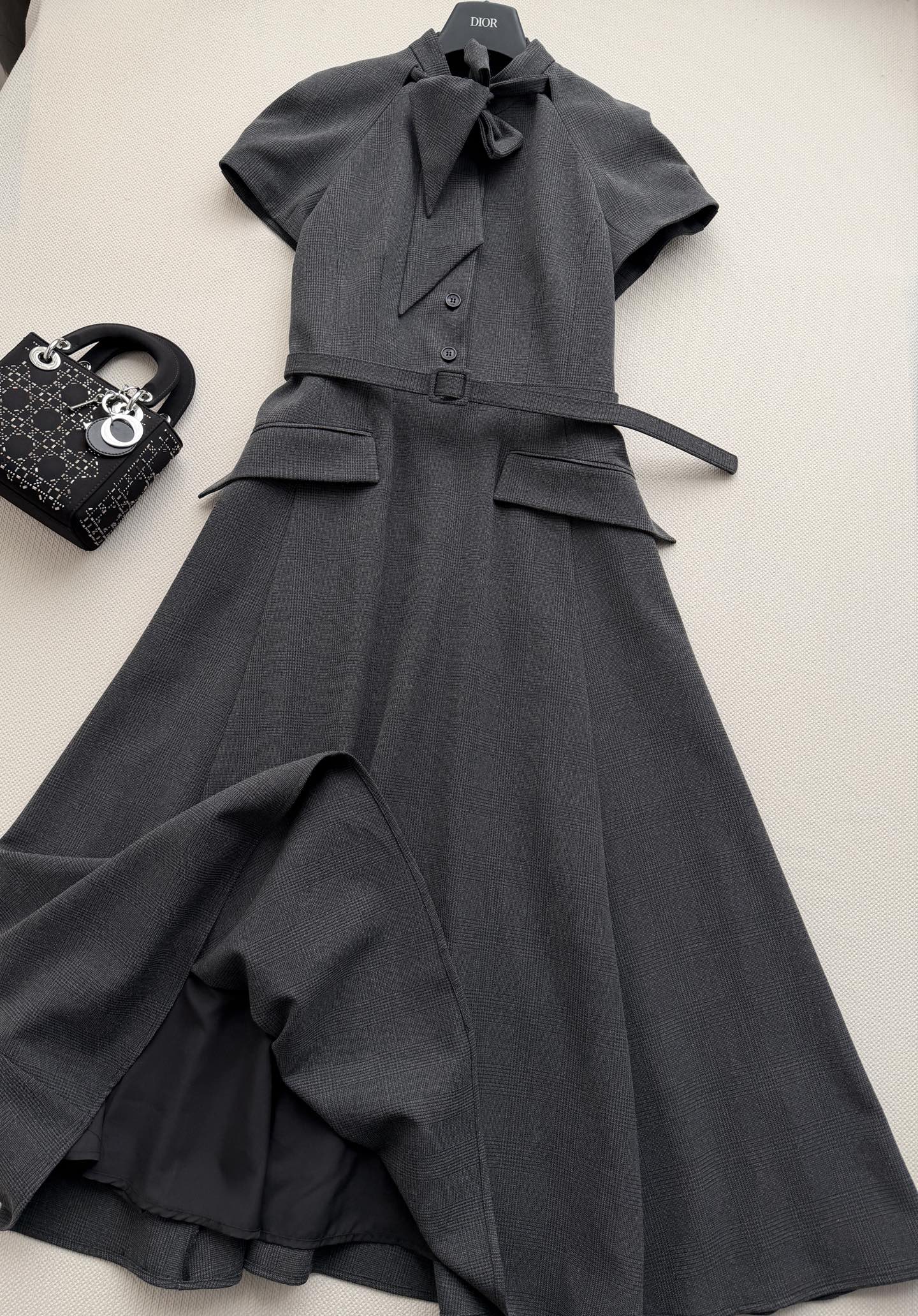 Stand Collar Belted Midi A-line Dress