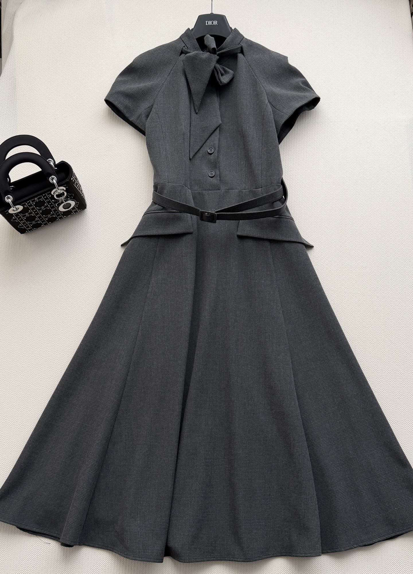 Stand Collar Belted Midi A-line Dress