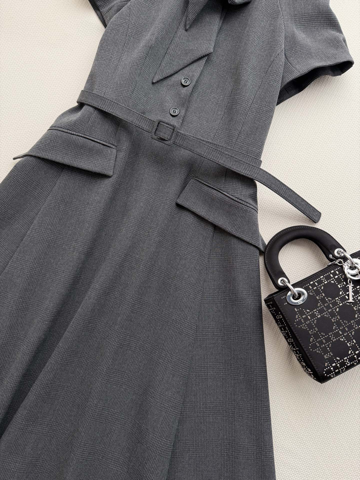 Stand Collar Belted Midi A-line Dress
