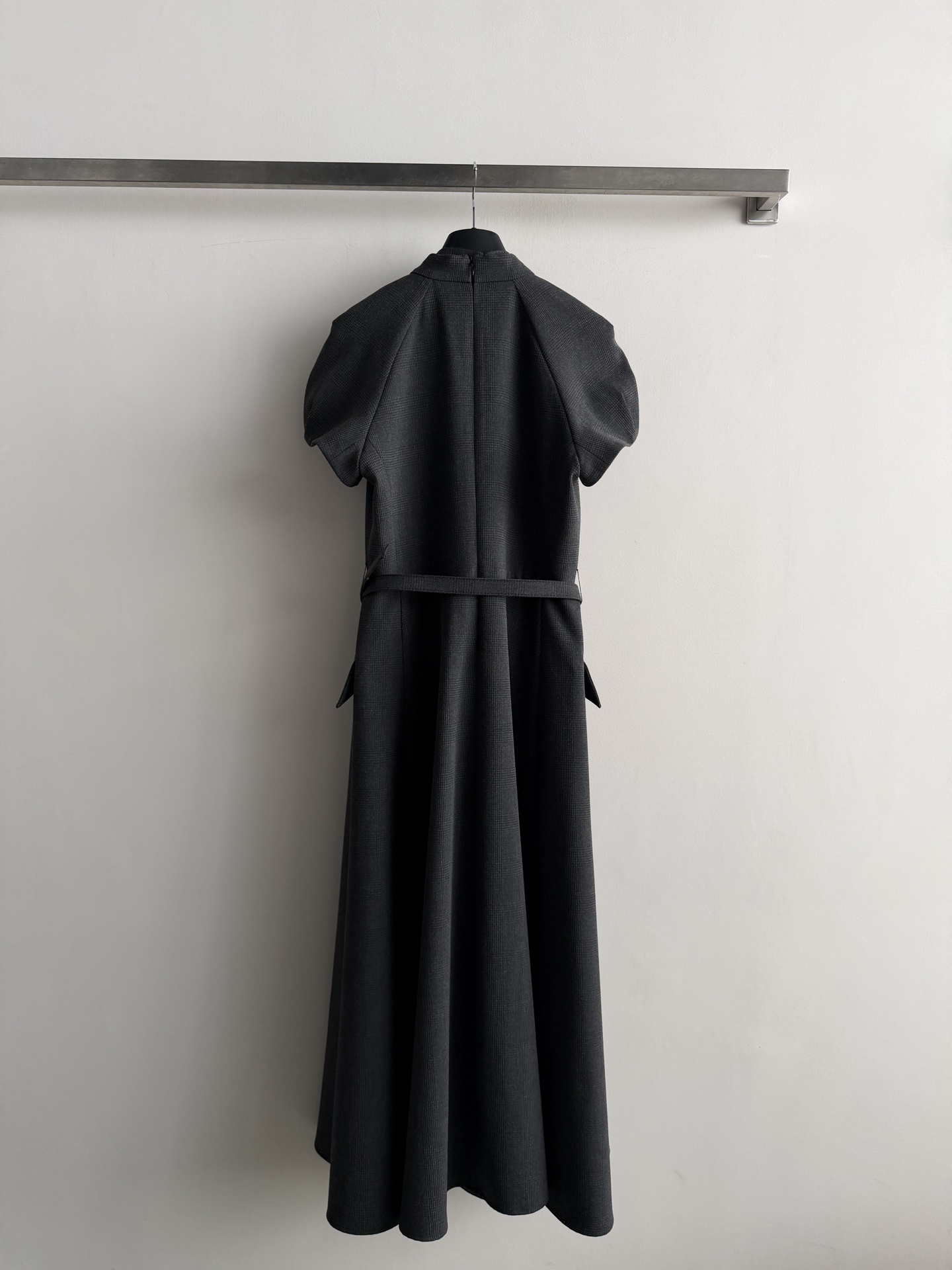 Stand Collar Belted Midi A-line Dress