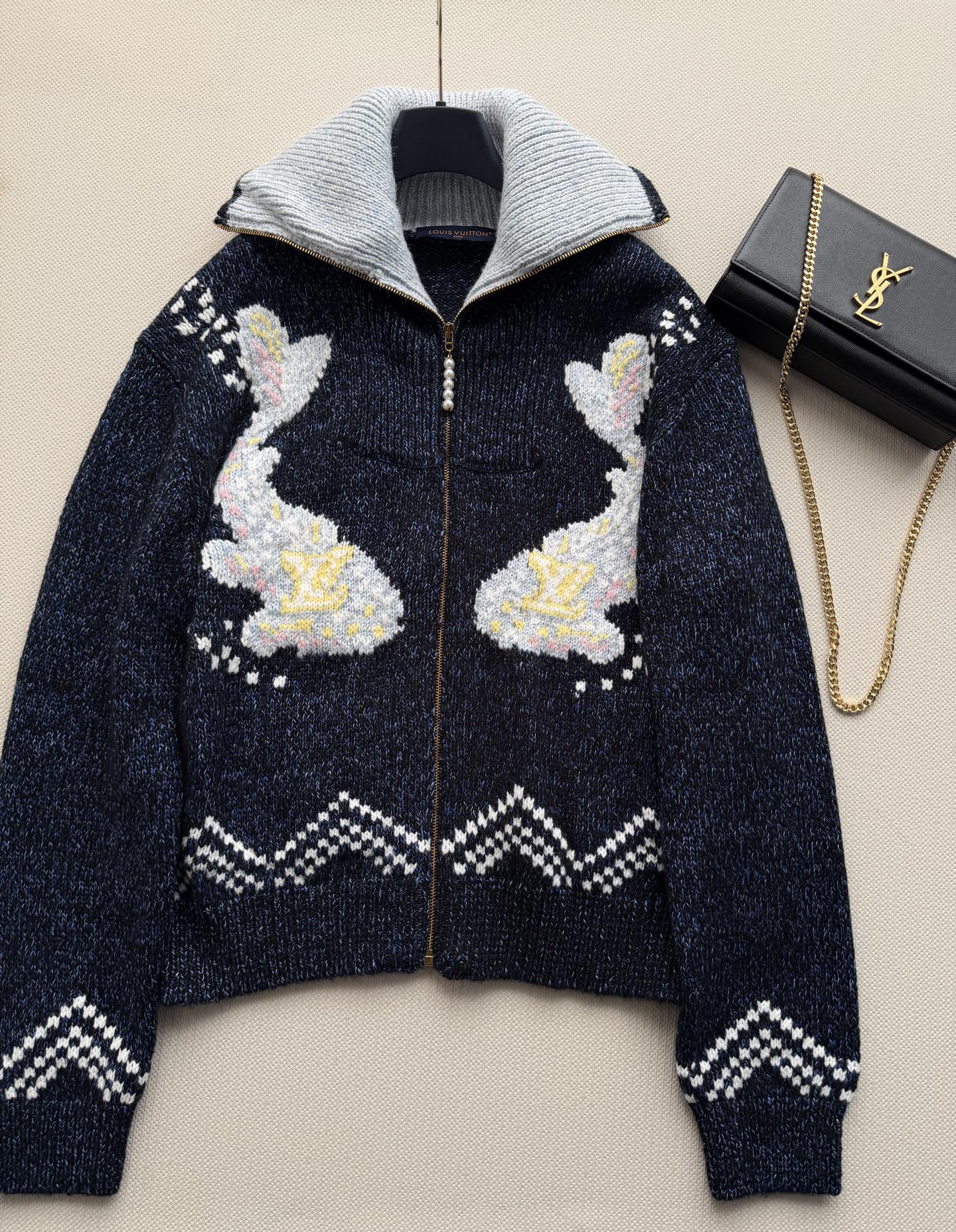 louis vuitton rabbit jacquard hooded cardigan
