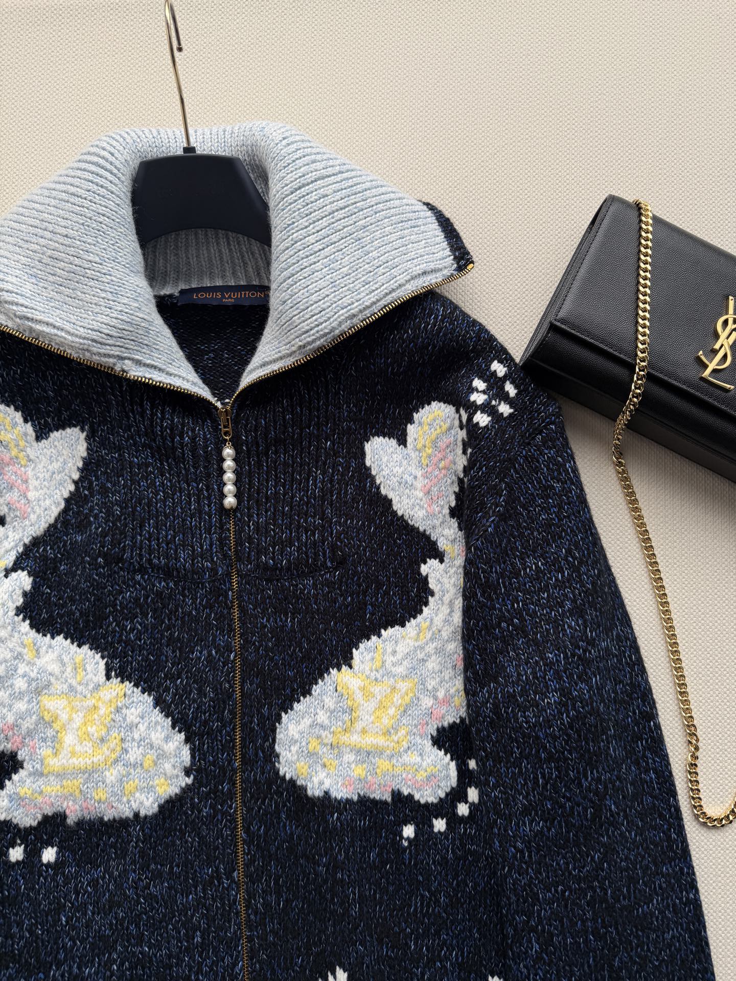 louis vuitton rabbit jacquard hooded cardigan