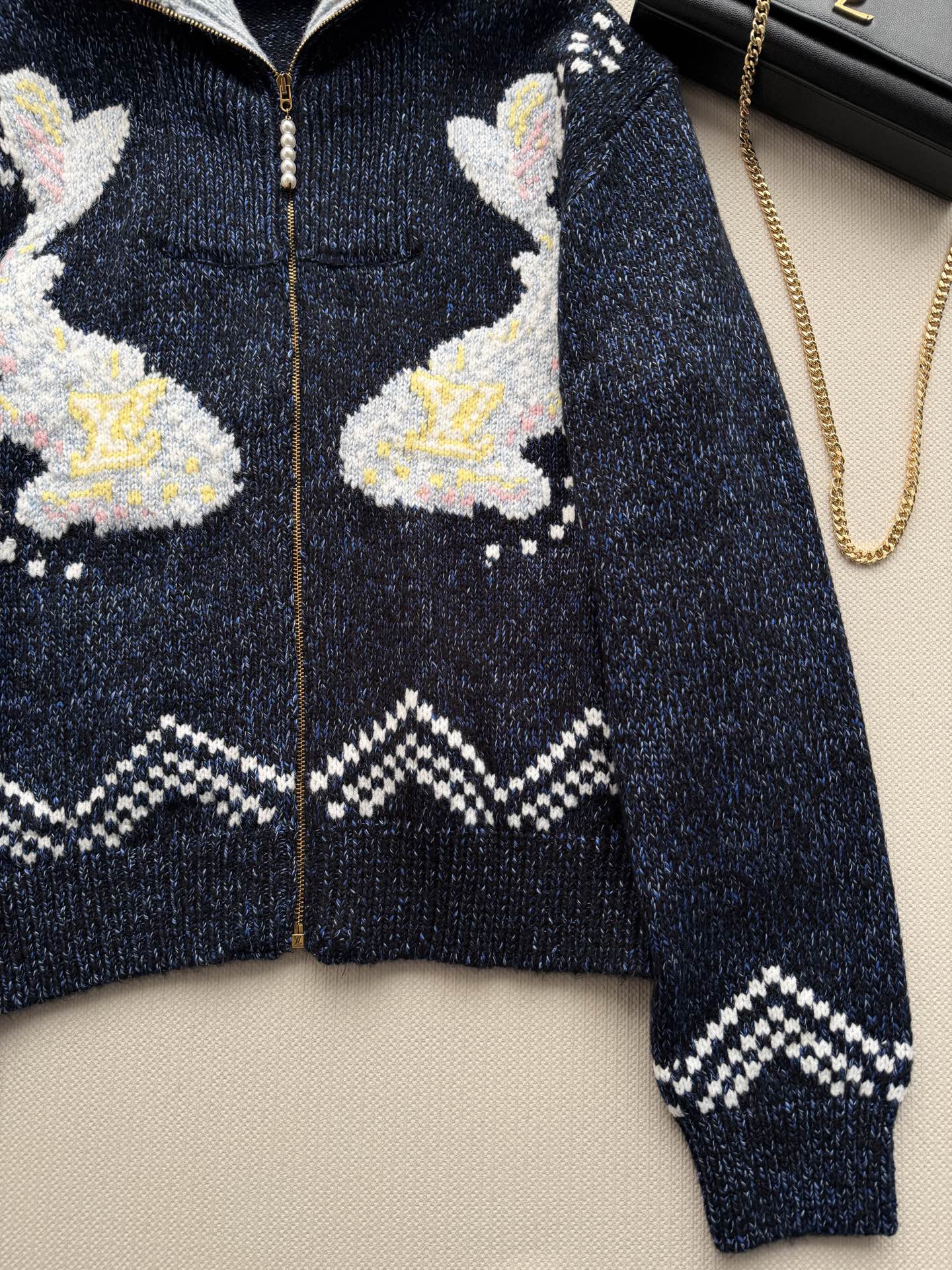 louis vuitton rabbit jacquard hooded cardigan