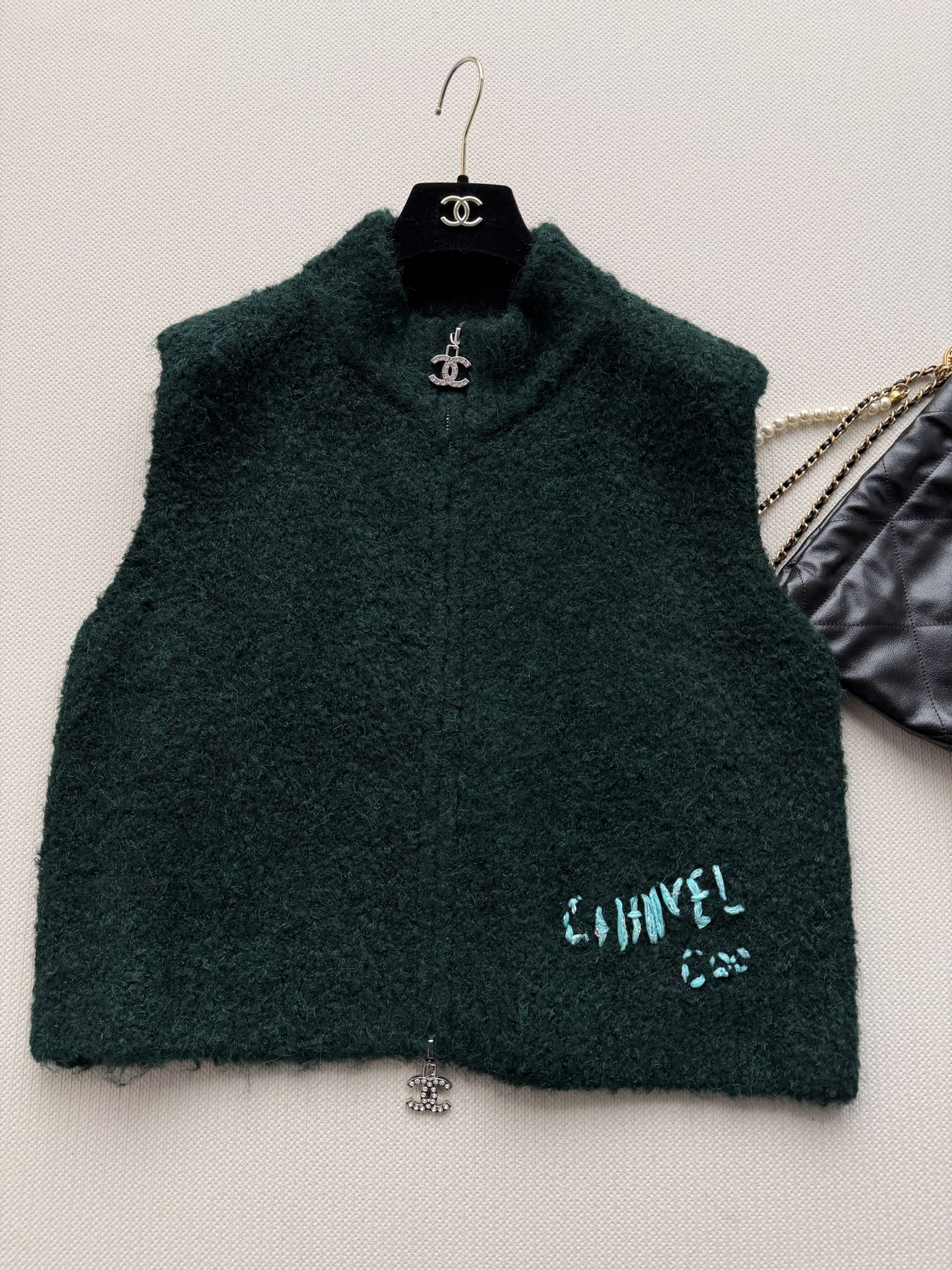 Chanel Dark Green Logo Zip Vest