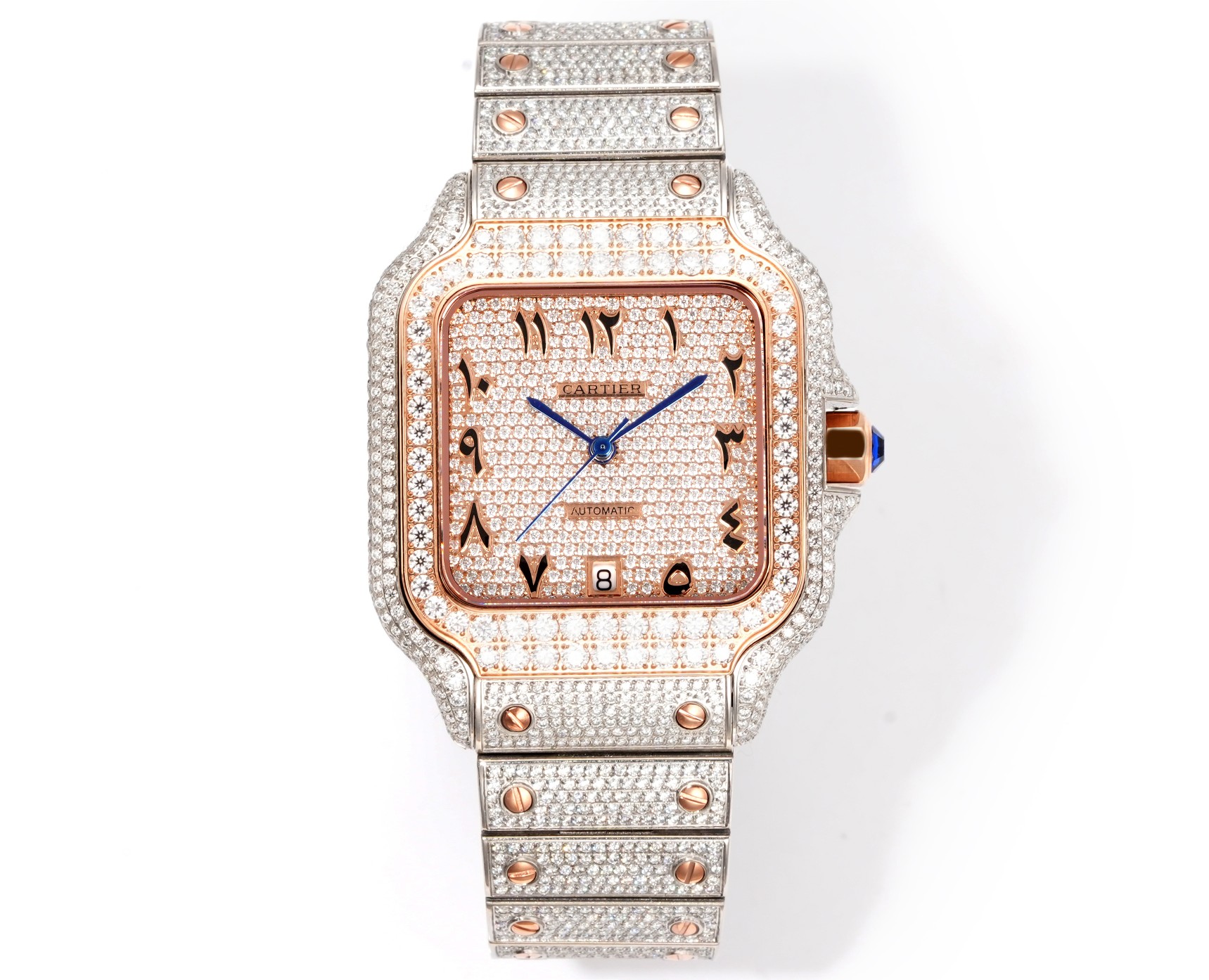 NO:641267,F4 Real Moissanite!  !!18k electroplating, extremely luxurious!  Arrived in very small quantity!  Gypsophila Cartier Santos Gypsophila Moissanite version, the entire watch is hand-inlaid with D-color VVS grade Moissanite diamond. All stones can pass the professional test pen test. The refractive index of Moissanite diamond is 2.65-2.69 (diamond 2.42). It has the same diamond luster as diamonds, the 'fire shine' is stronger, and the hardness is second only to diamonds. The inlay process adopts fancy-shaped irregular inlays (Flower Setting).  ), different from the moissanite processing technology in the market, the stones are very dense and have no gaps, which solves the pain point of many customers' requirements for tightness of the stones. 316L fine steel material, watch head size 40MM, sapphire glass mirror, using ultra-high cost performance movement machine, genuine 1:1 mold opening, truly interchangeable with original accessories. Waterproof depth 10 bar (approximately meters) The entire watch is manually inlaid  It shines at 360 degrees without blind spots, and has the most gems so far. Luxury cannot be completely summarized, it is more about nobility + dazzling. It is absolutely yyds to wear. The strap without screws, the diamond strap, the sparkling strap is very comfortable and comfortable!  Welcome to taste,cartier19860909F4 真莫桑钻！!!18k电镀 奢华至极！极少量到货！满天星卡地亚山度士满天星莫桑钻版本,整表纯手工镶嵌 D 色 VVS 级莫桑钻（ Moissanite diamond）全部石头都可以通过专业测试笔测试,莫桑钻( Moissanite diamond）折射率2.65-2.69（钻石2.42),具有与钻石相同的金刚光泽,'火彩 shine '更强,硬度仅次于钻石,镶嵌工艺采用花式状不规则镶嵌（ Flower Setting ),不同于市场莫桑钻加工的工艺,做到石头之间非常密集毫无空隙,解决了许多客户对石头紧密这方面要求的痛点,316L精钢材料,表头尺寸40MM,蓝宝石玻璃镜面,采用性价比超高机芯机,正品1:1开模,真正做到可同原版配件互换.防水深度10巴（约米）整表手工镶嵌 三百六十度无死角闪亮,迄今为止镶嵌宝石最多.奢华已无法完全概括,更多的是尊贵+耀眼.佩戴起来绝对的yyds 没有螺丝的表带 钻石的表带 闪闪发光的表带非常贴手舒服！欢迎品鉴,,cartier,Watch