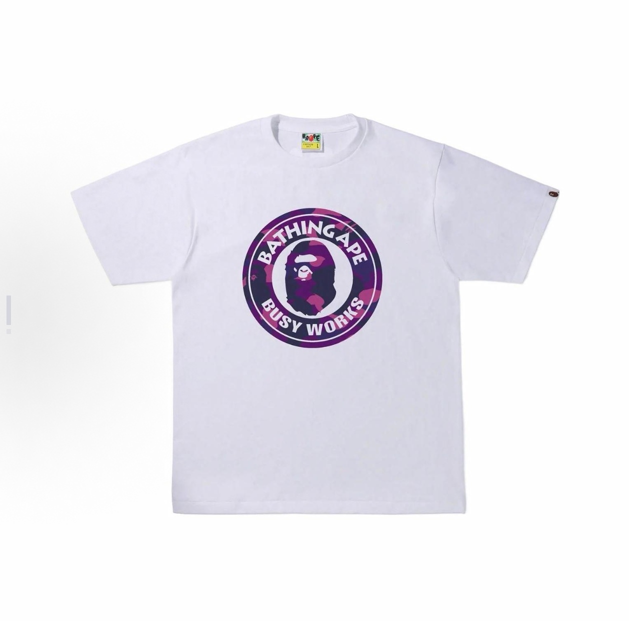 P55

001209款BAPE Color Camo Busy Works Tee 迷彩Logo猿人印花短袖T恤 男女同款  码数smlxlxxl 黑紫，白紫