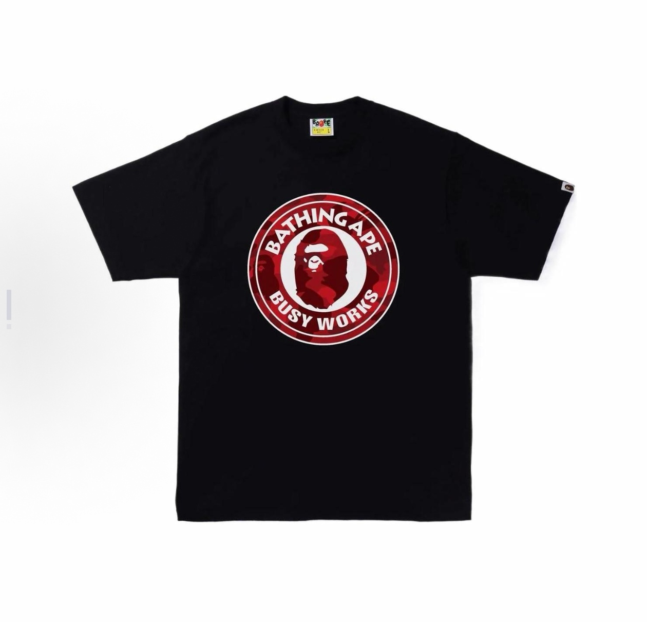 P55

001209款BAPE Color Camo Busy Works Tee 迷彩Logo猿人印花短袖T恤 男女同款  码数smlxlxxl 黑红，白红