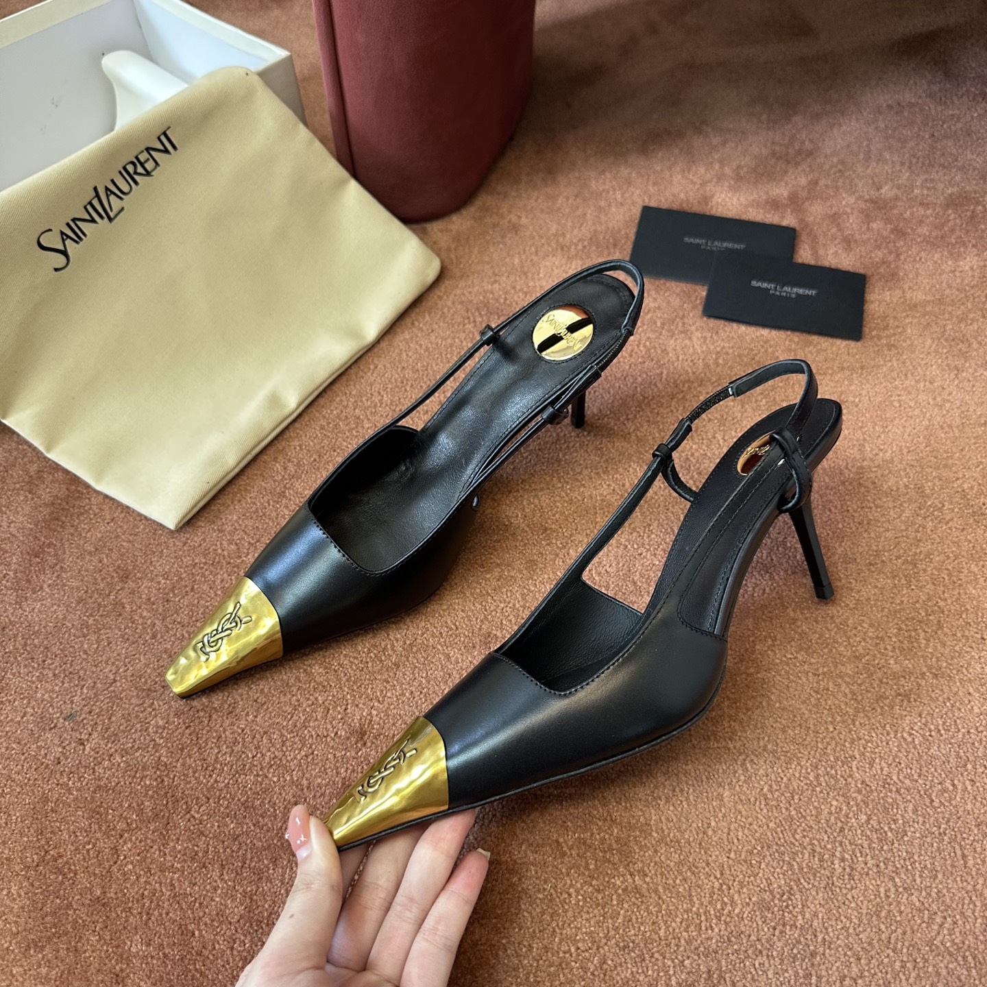 생로랑 YSL 골드 토 캡 슬링백 펌프스 하이힐 블랙 상세 이미지 7