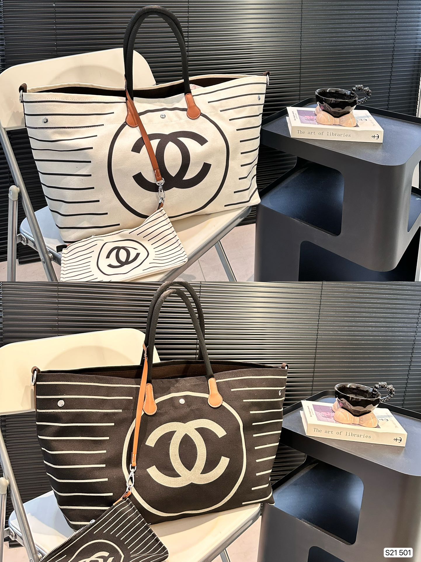 Chanel Handbags Tote Bags Black White Canvas Fashion