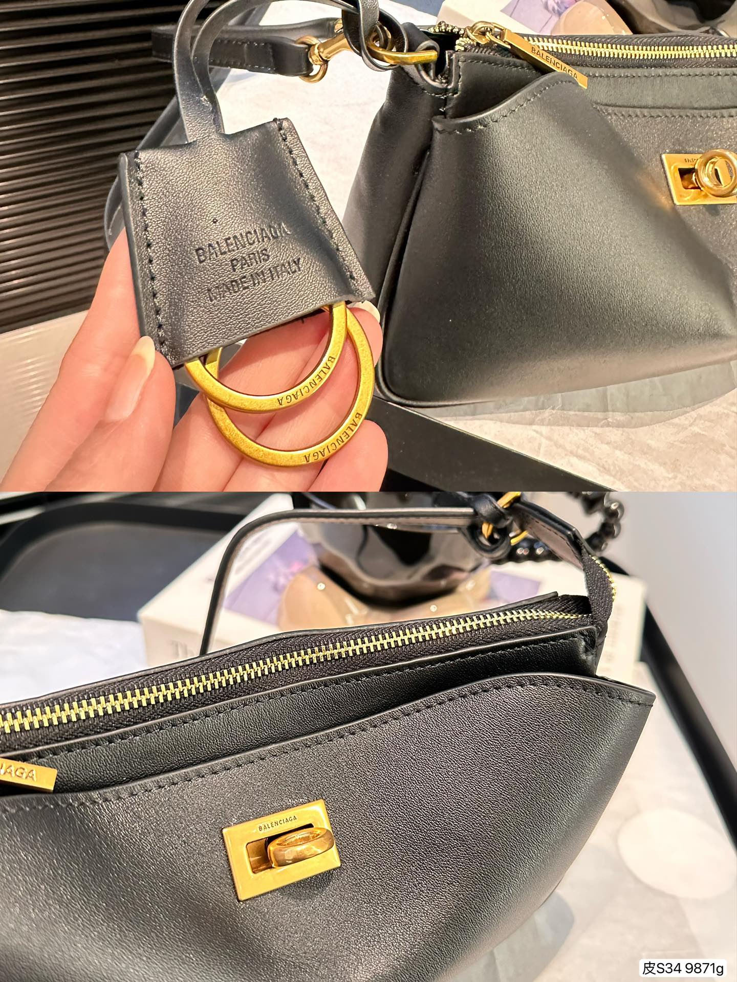 P270 纯皮巴黎世家rodeo又随意又能装
这个包真的爱不释手天天背都背不腻
黑金配色rodeo真的好高级很自然的慵懒里外都是新西兰羊皮质感超级好皮子超软 背起来慵懒风怎么背都很有调调~
尺寸：23 13 货号9871