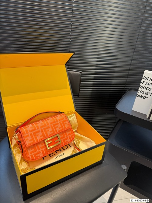 Fendi Baguette Orange FF Motif Denim Shoulder Bag with Folding Box 1 Fendi Baguette Orange FF Motif Denim Shoulder Bag with Folding Box