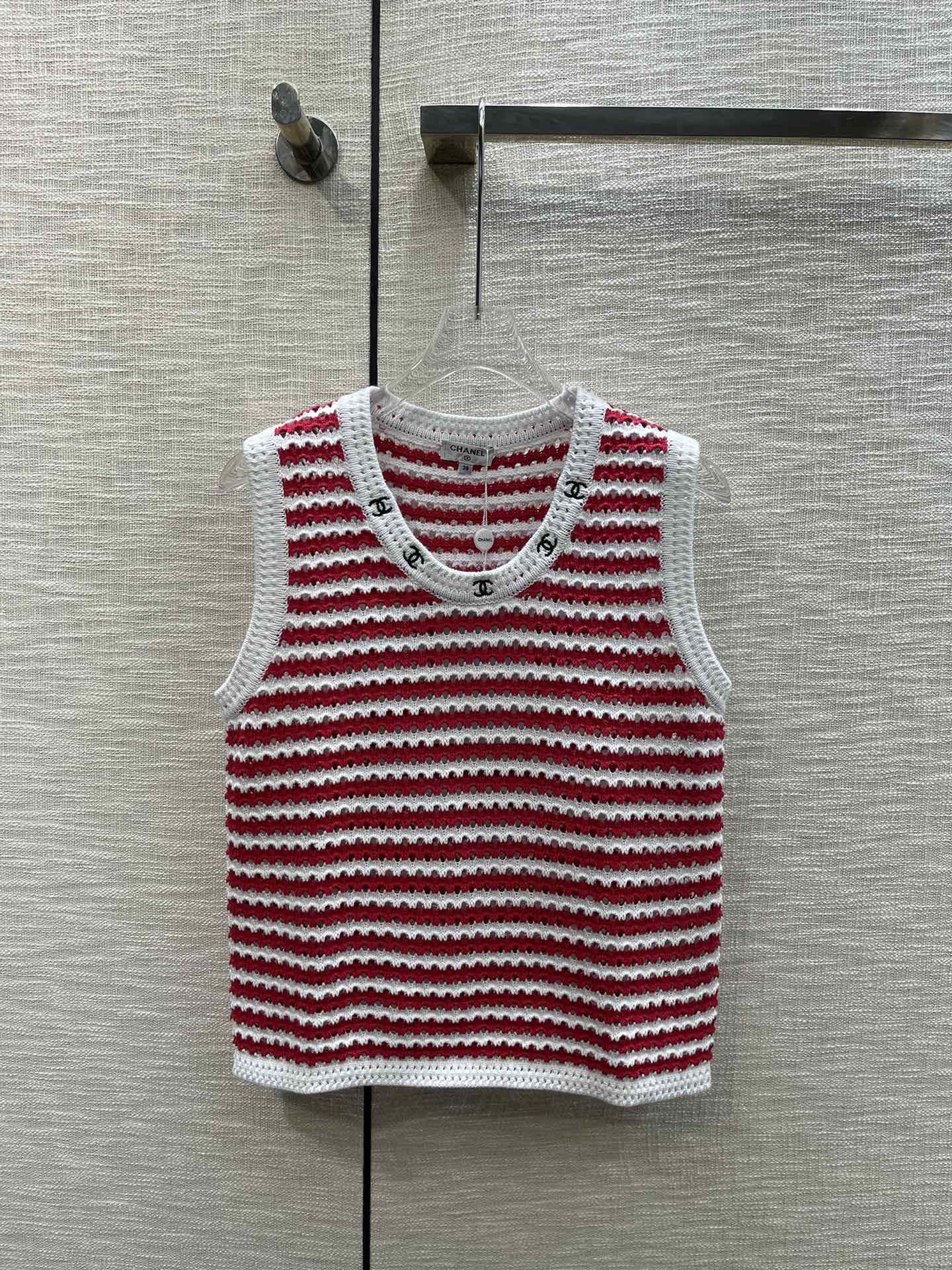 Chanel Clothing Tank Tops&Camis Red White Embroidery Knitting Spring Collection