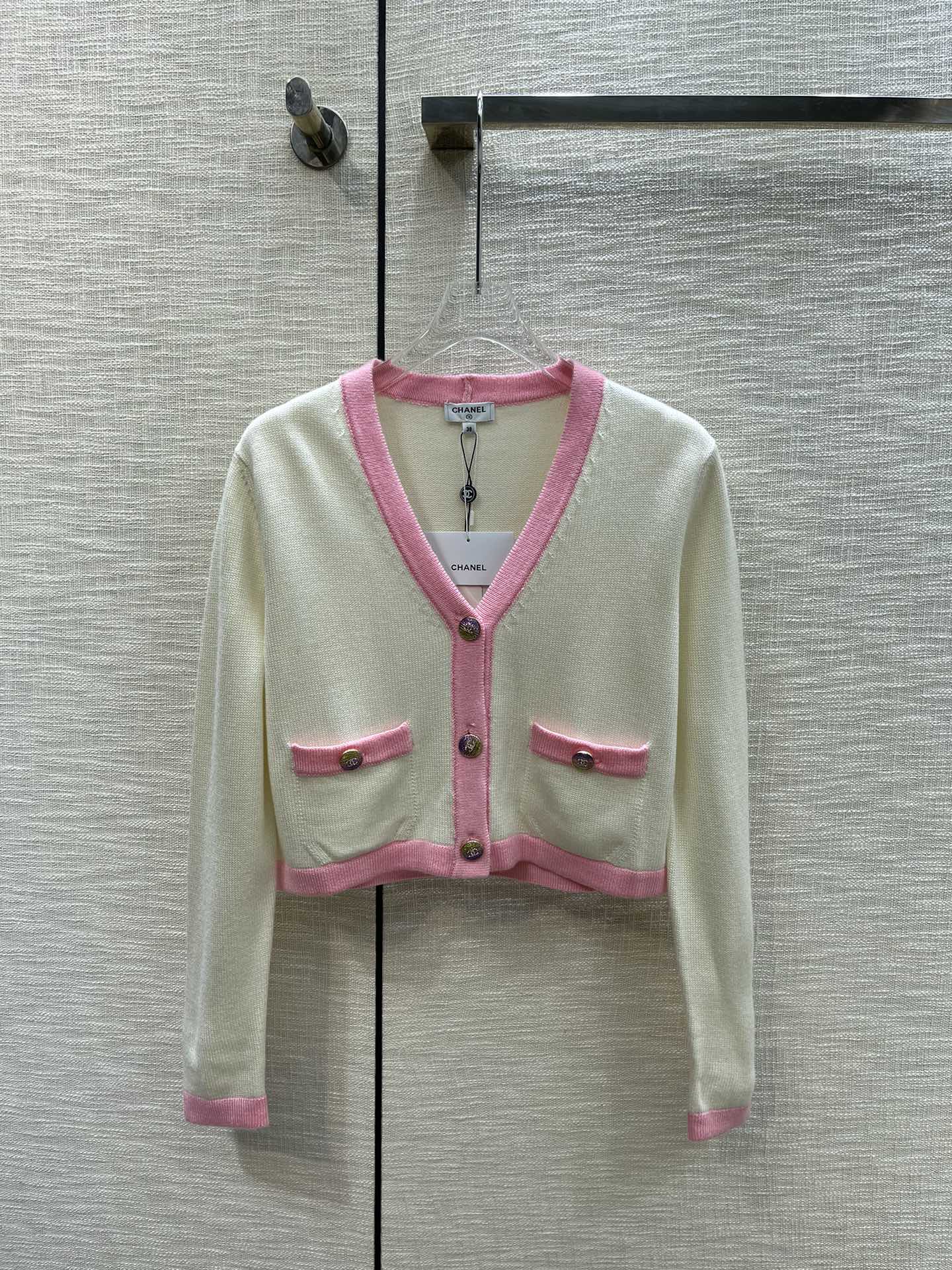 Chanel Clothing Cardigans Knit Sweater Online Sales
 Pink White Knitting Spring Collection
