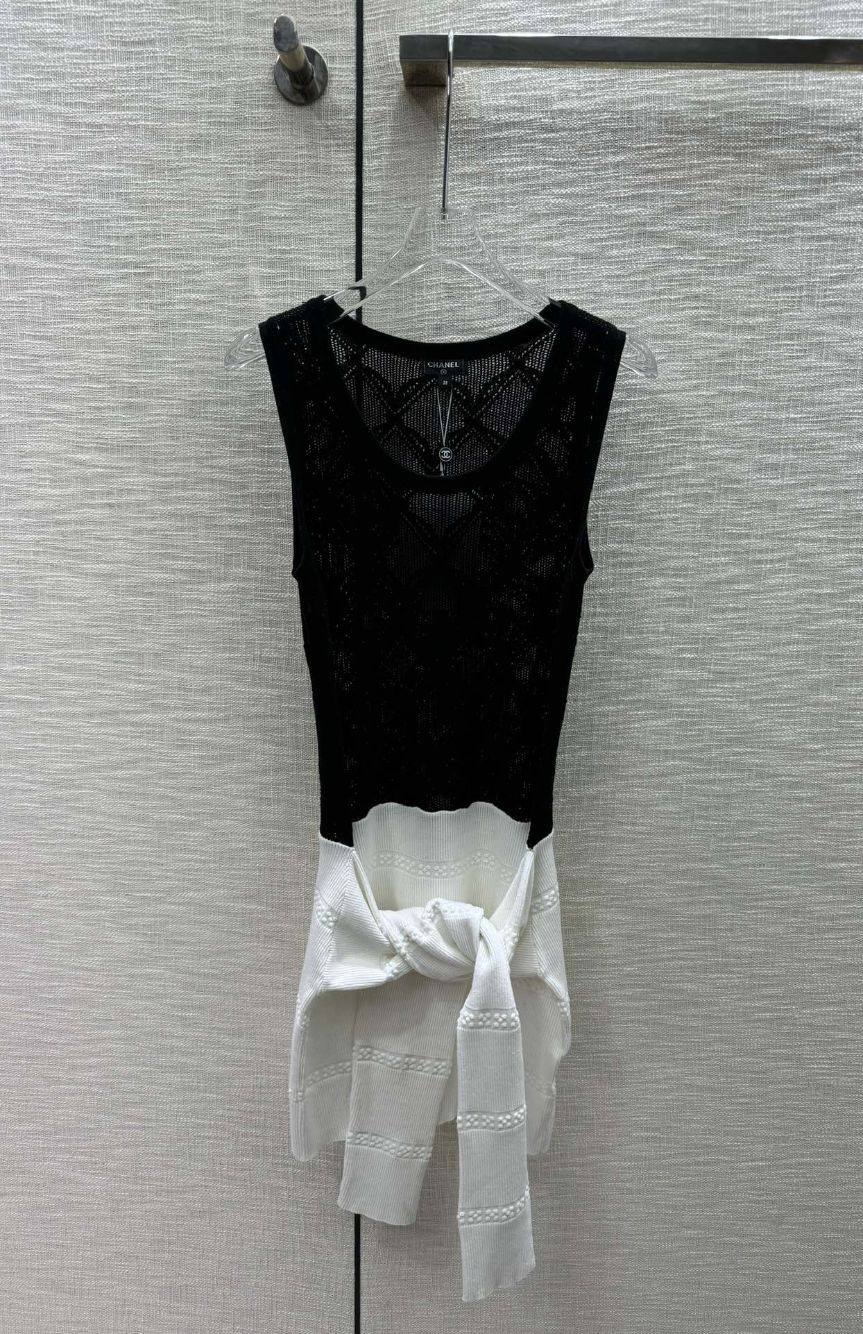 Chanel Clothing Dresses Tank Tops&Camis Black White Openwork Knitting Spring Collection Long Sleeve