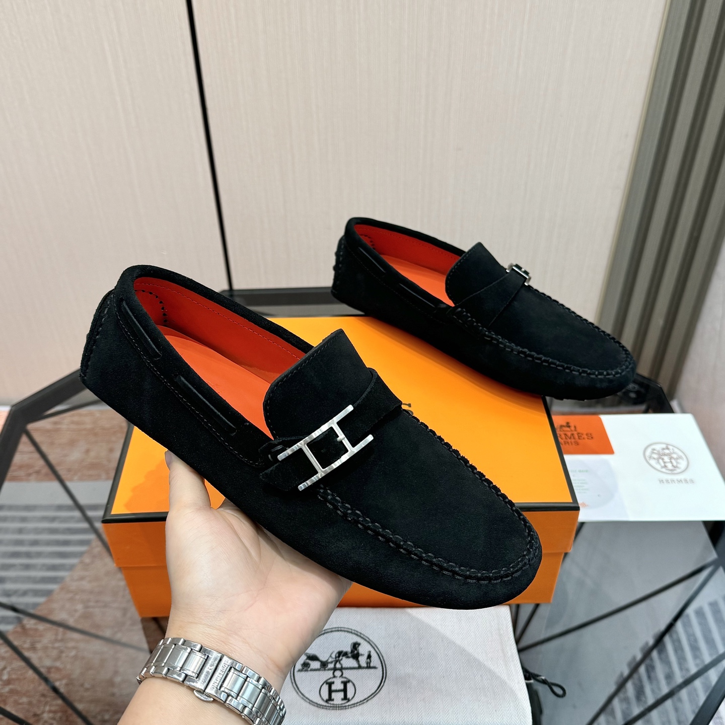 Hermès Men's Black Suede Leather Loafers with Metal H Buckle 6 i1741243683599 6039 0 4