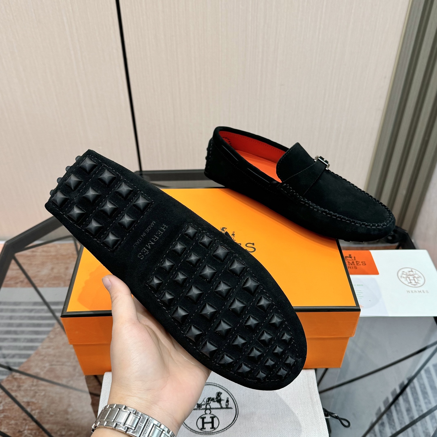 Hermès Men's Black Suede Leather Loafers with Metal H Buckle 10 i1741243686171 5153 0 8