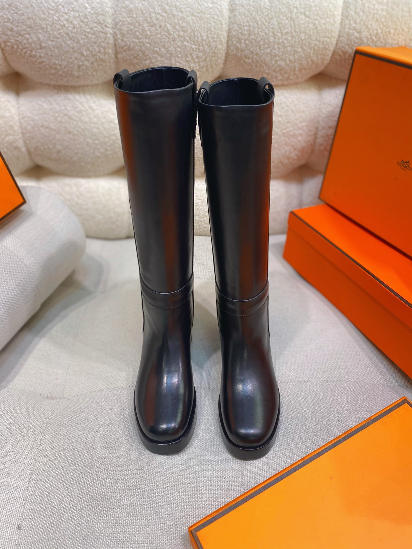 Hermes Long Boots Cowhide Genuine Leather Sheepskin Vintage