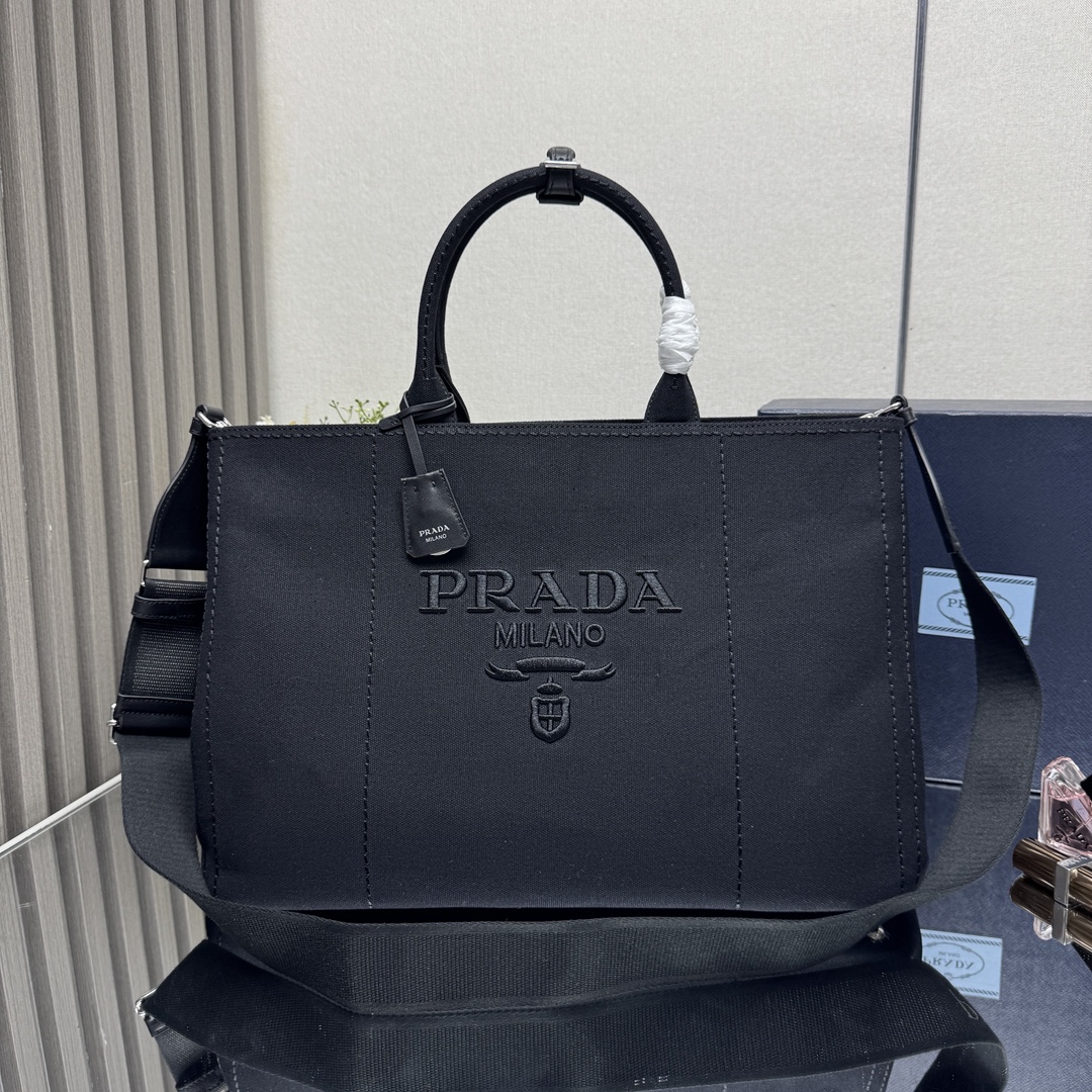 PRADA 2VG131 Men's Tote Bag in Black Canvas with Leather Trim