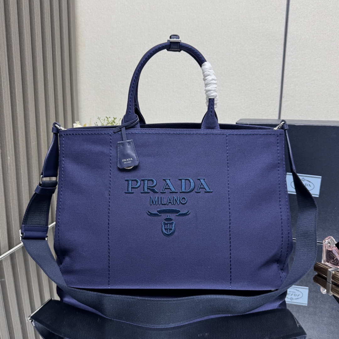 Prada Men's Canvas Tote Bag with Leather Trim, Adjustable Shoulder Strap