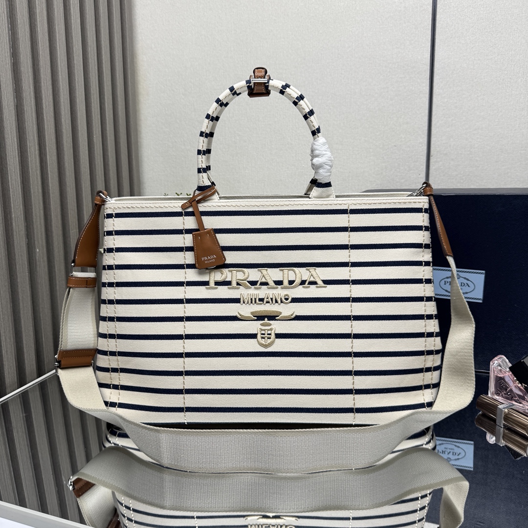 Prada Striped Canvas Tote Bag with Leather Trim and Detachable Strap
