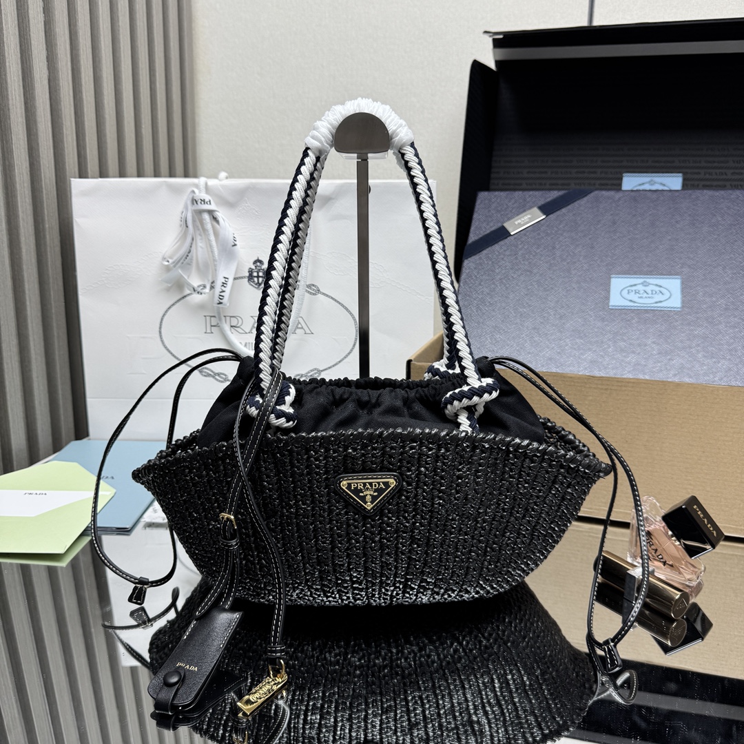 Prada 1BA463 Black Woven Raffia Basket Bag with Cotton Rope Handles