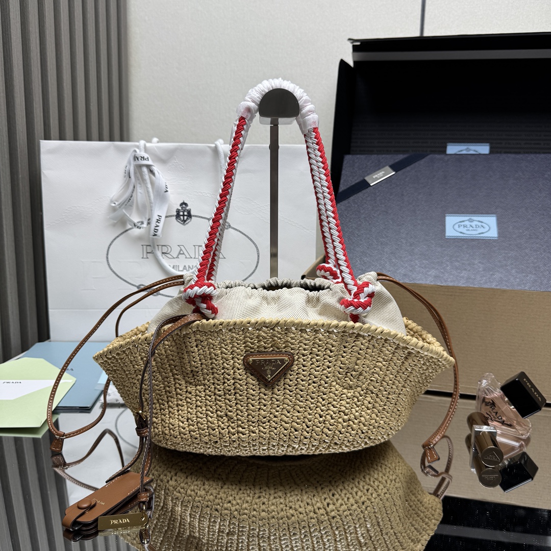 Prada Woven Crochet Basket Bag with Leather Trim