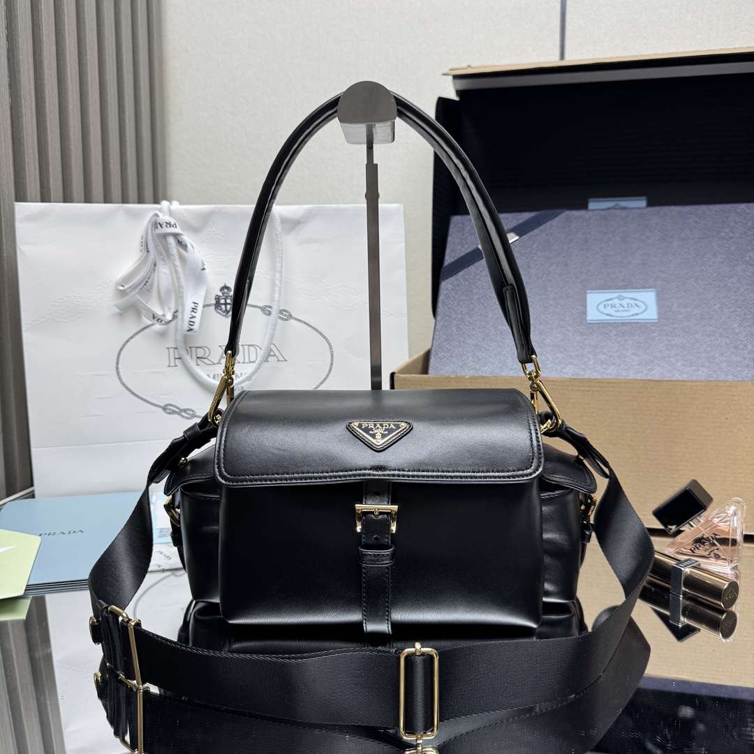 PRADA 1BD394 Black Lambskin Leather Messenger Bag with Detachable Straps