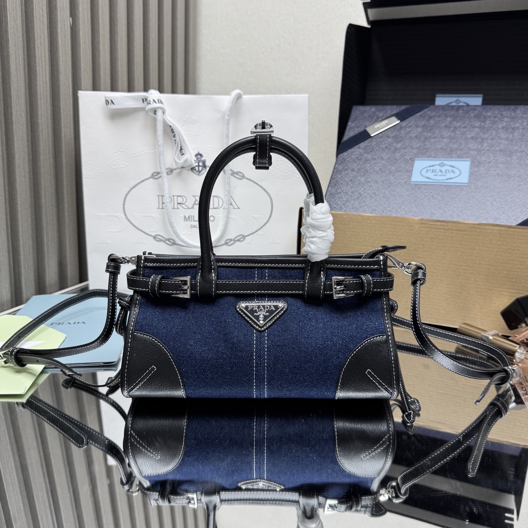Prada Bonnie Mini Denim and Leather Satchel Crossbody Bag, Blue