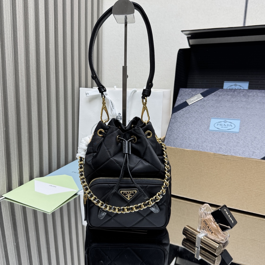 Prada Re-Nylon Quilted Bucket Bag with Chain Detail - Versatile & Chic