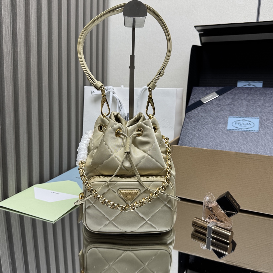 PRADA Re-Nylon Quilted Bucket Bag with Chain Detail - 22.5x17.5x12cm