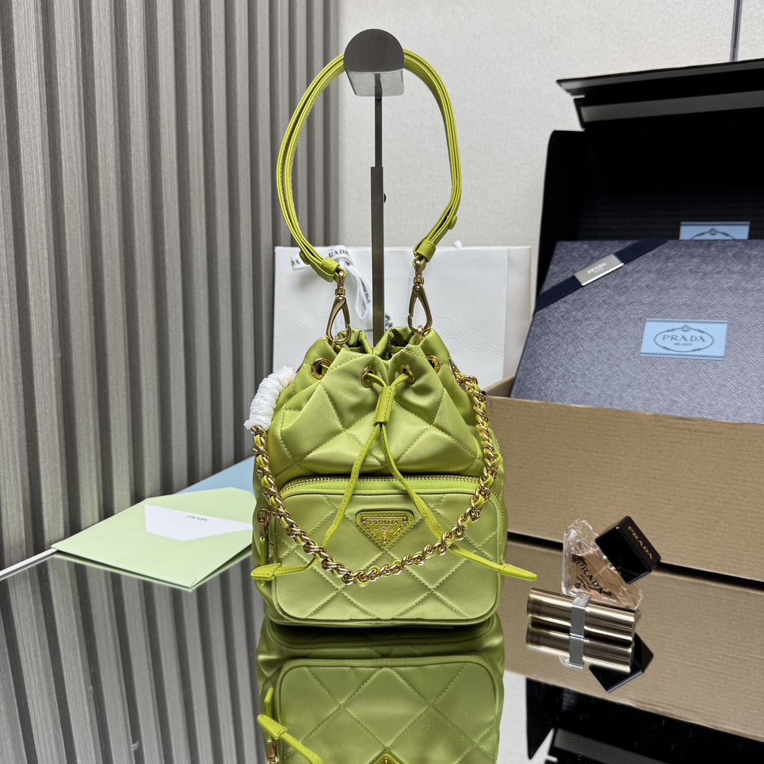Prada Re-Nylon Quilted Bucket Bag with Chain Strap - Green