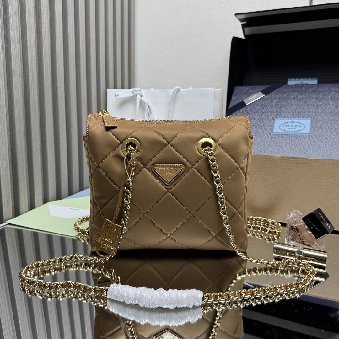 Prada Vintage Quilted Nylon Shoulder Bag with Gold Chain - 1BG468