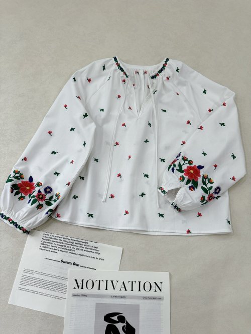 Floral Embroidered V-Neck Tie Blouse, Loose Fit, Long Sleeve, Elegant Style 1 Floral Embroidered V-Neck Tie Blouse, Loose Fit, Long Sleeve, Elegant Style