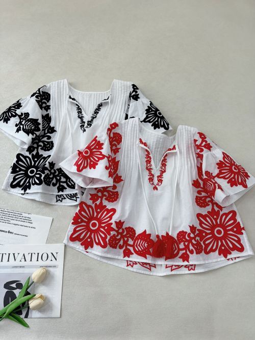 Sea Embroidered Floral Tie-Neck Short Sleeve Top, High-Density Embroidery 1 Sea Embroidered Floral Tie-Neck Short Sleeve Top, High-Density Embroidery