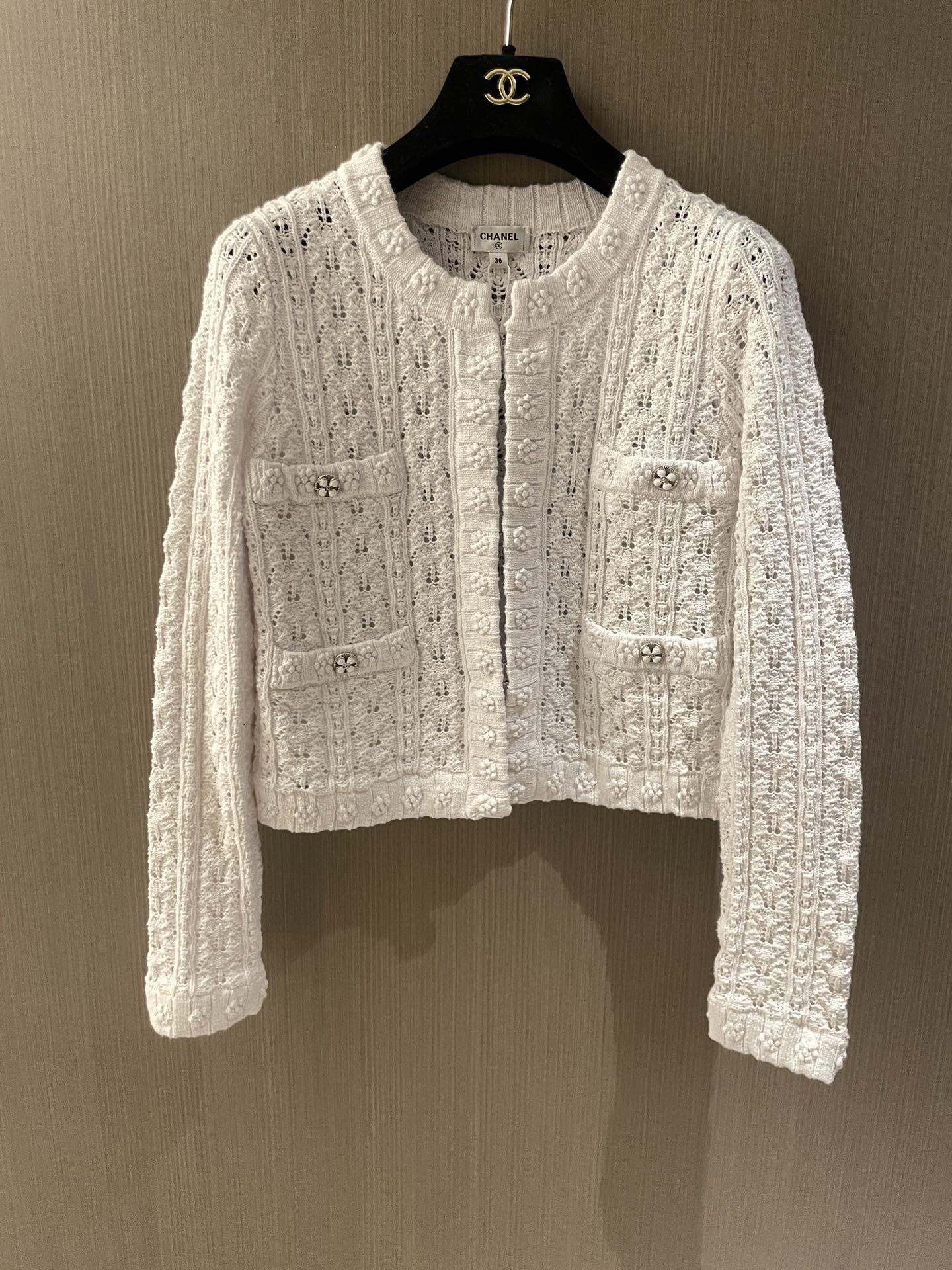Chanel Abbigliamento Cardigan Nero Bianco Openwork Cotone Seta