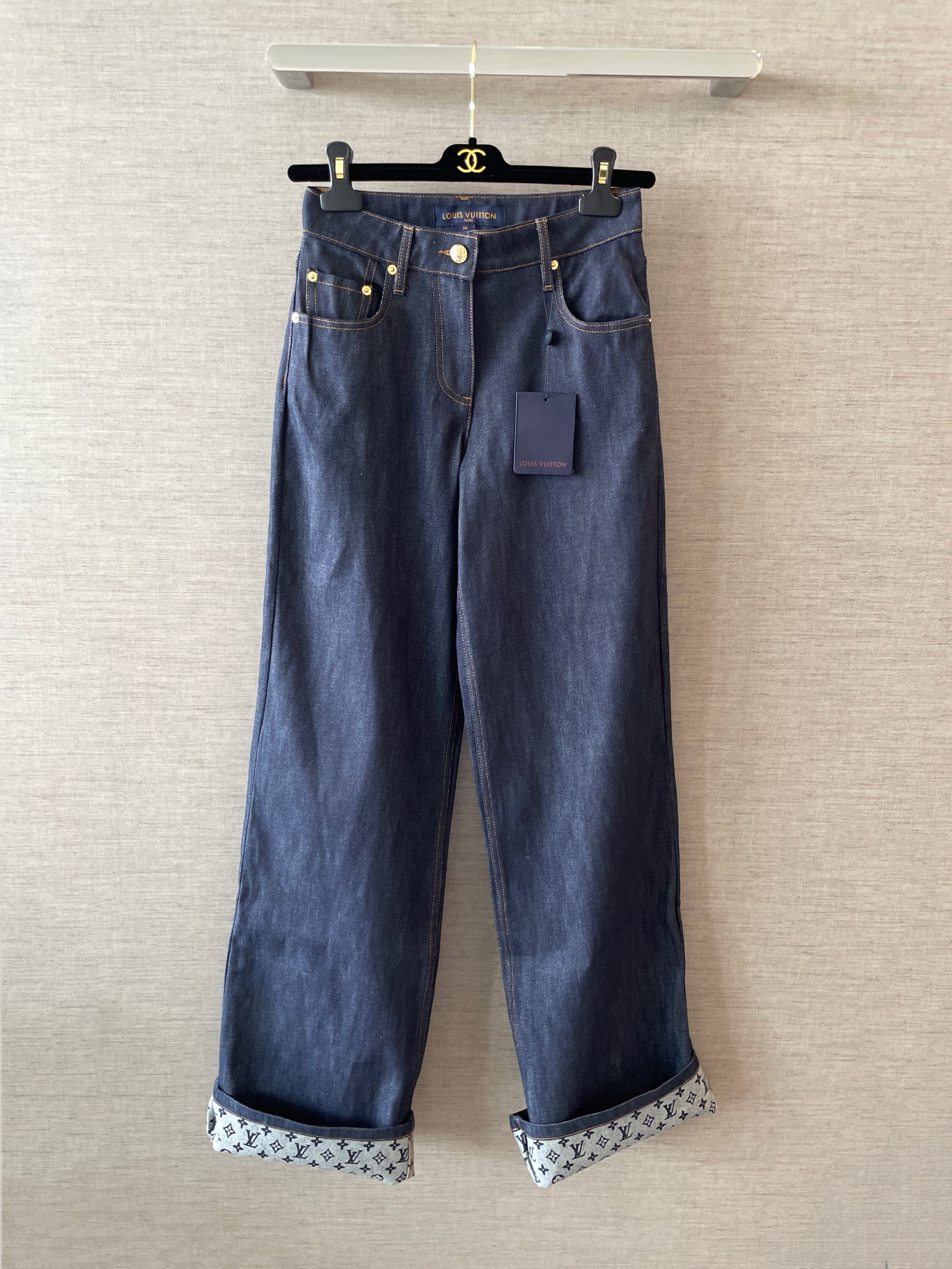 Vintage Monogram Denim Jeans with Cuff Detail, Sizes 36-41