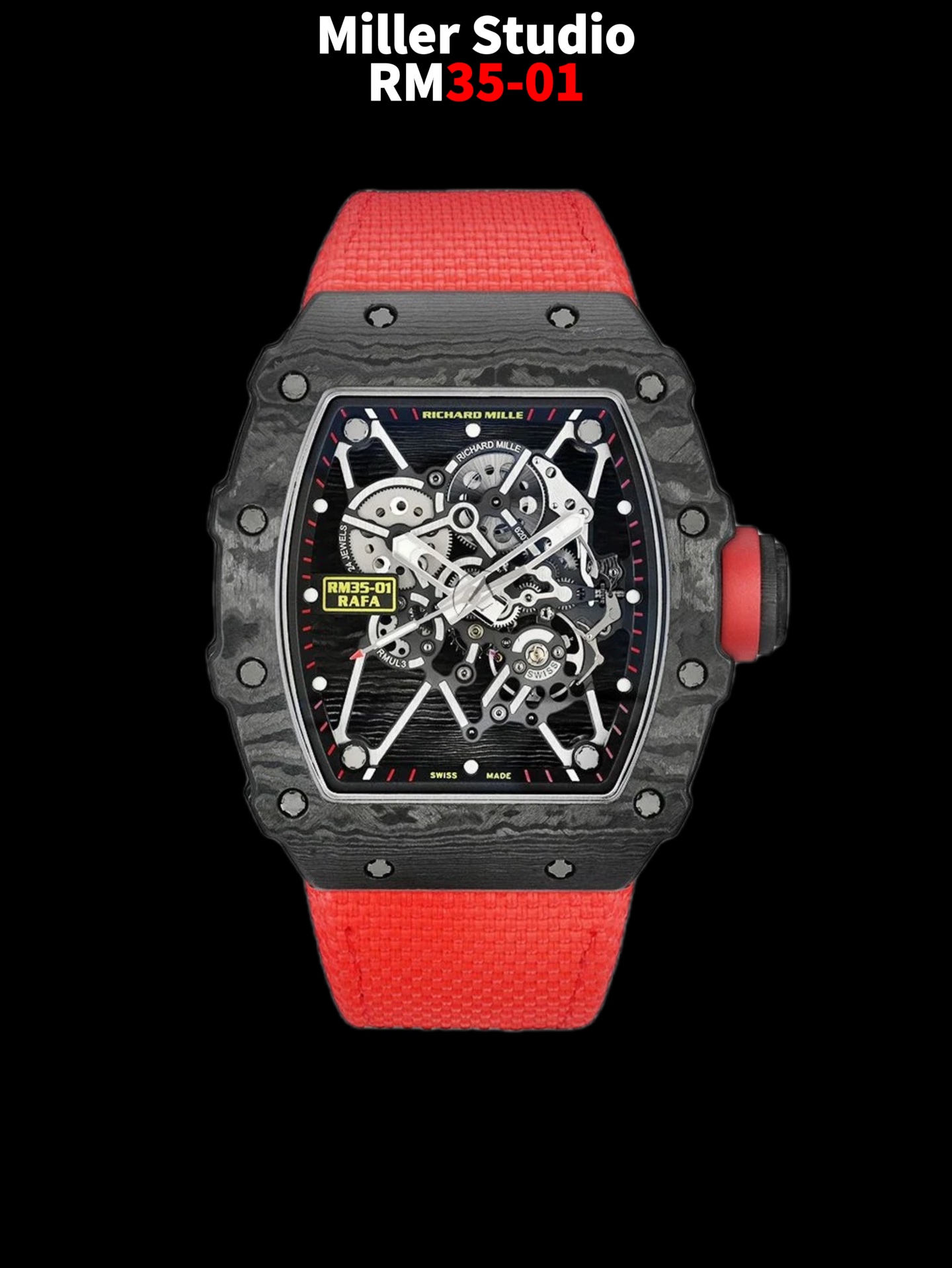 NO:946560,The second modification of Miller Studio - RM35-01 extreme modification!  ——King of cost-effectiveness Upgraded case Miller Studio’s understanding of high-end carbon fiber is a true sense of luxury, not “bright” but a matte layer with silk texture, and a flowing texture. Therefore, the texture of each watch case is unique (currently, this case is sold in the modification circle for , a set) Upgraded glass Use high-transparency glass, and upgrade RM’s exclusive purple film coating to make the entire glass look almost “invisible”  Since this time the focus is on the ultimate cost-effectiveness and fan welfare, the movement and buckle will not be upgraded for the time being. Just continue to use the most stable and mature configuration on the market. Miller Studio uses the most extreme cost-effectiveness to bring fans the ultimate wearing experience!  ,19860909米勒工作室改装第二弹——RM35-01 极限改造！ ——性价比王者 升级壳套 米勒工作室对于高级碳纤维的理解是 真正的高级感,不是“亮” 而是带有丝绸质感的哑光层次,以及流动般的纹理感 因此,每一只表壳的纹路,都是独一无二的（目前此壳套在改装圈售价为 , 一套） 升级玻璃 采用高透玻璃,并升级 RM 专属紫膜镀层 让整块玻璃看起来几乎像“隐形”一般  由于本次主打极致性价比与粉丝福利, 因此机芯与表扣部分暂不升级, 继续沿用目前市场上最稳定、最成熟的配置即可. 米勒工作室, 用最极致的性价比, 带给粉丝最终极的佩戴体验！,,Watch