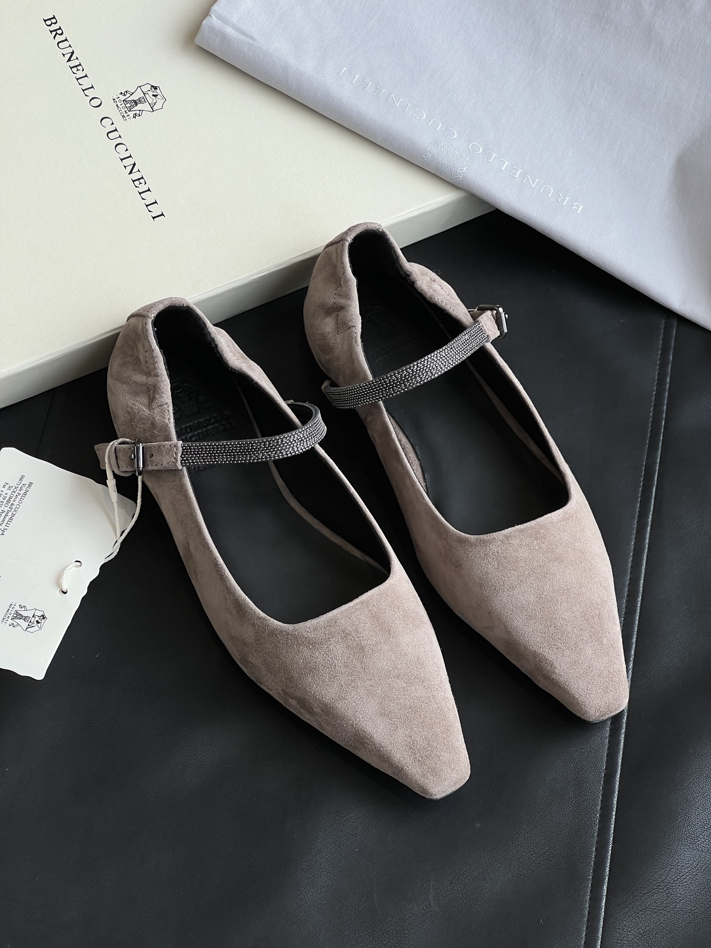 Brunello Cucinelli Women's Suede Mary Jane Flats with Rhinestone Strap 7 i1751703580702 7033 0 5