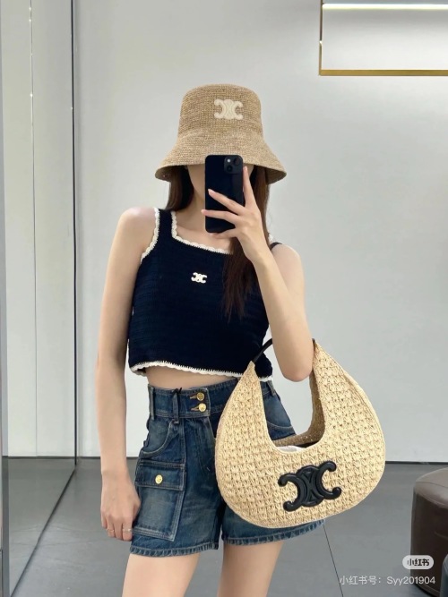 Celine Inspired Knitted Tank Top and Raffia Bucket Bag with Logo 1 Celine Inspired Knitted Tank Top and Raffia Bucket Bag with Logo