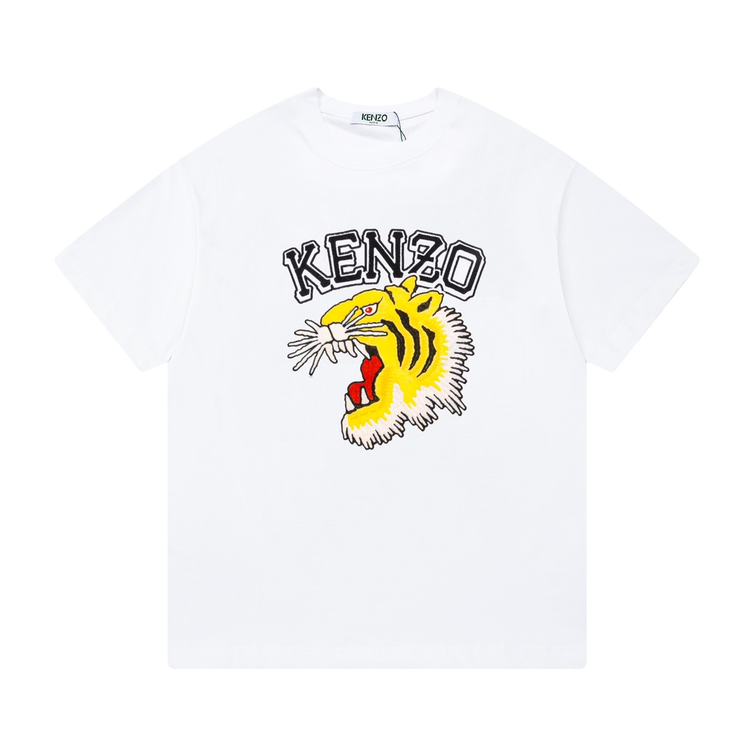 KENZO Clothing T-Shirt Black White Embroidery Unisex Cotton Double Yarn Short Sleeve