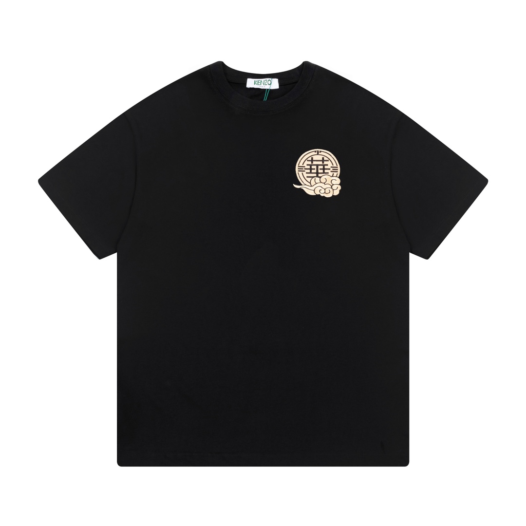 KENZO Clothing T-Shirt Black White Embroidery Unisex Cotton Double Yarn Short Sleeve