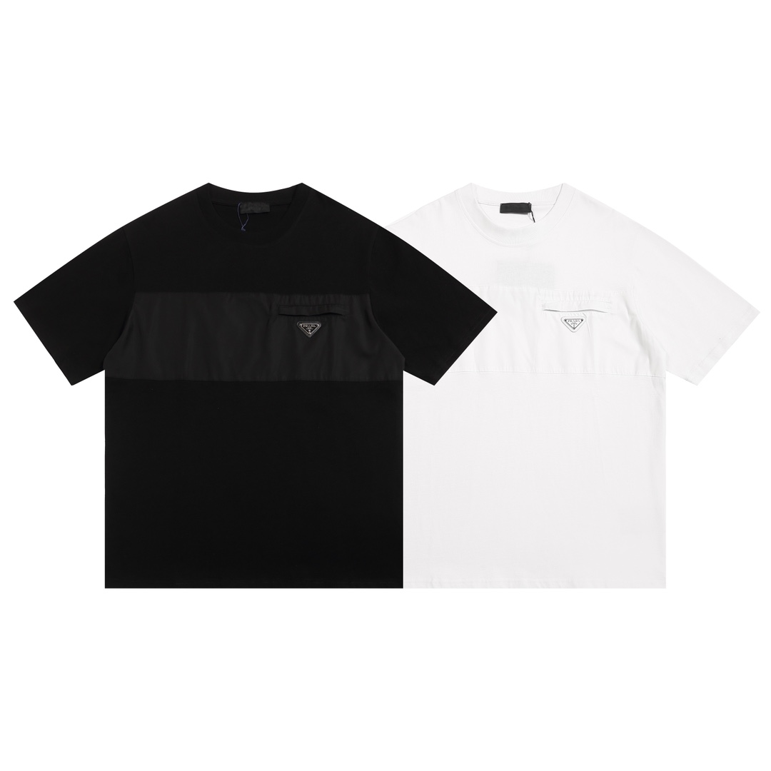 Prada Kleidung T-Shirt Schwarz Weiß Unisex Seide Kurzarm