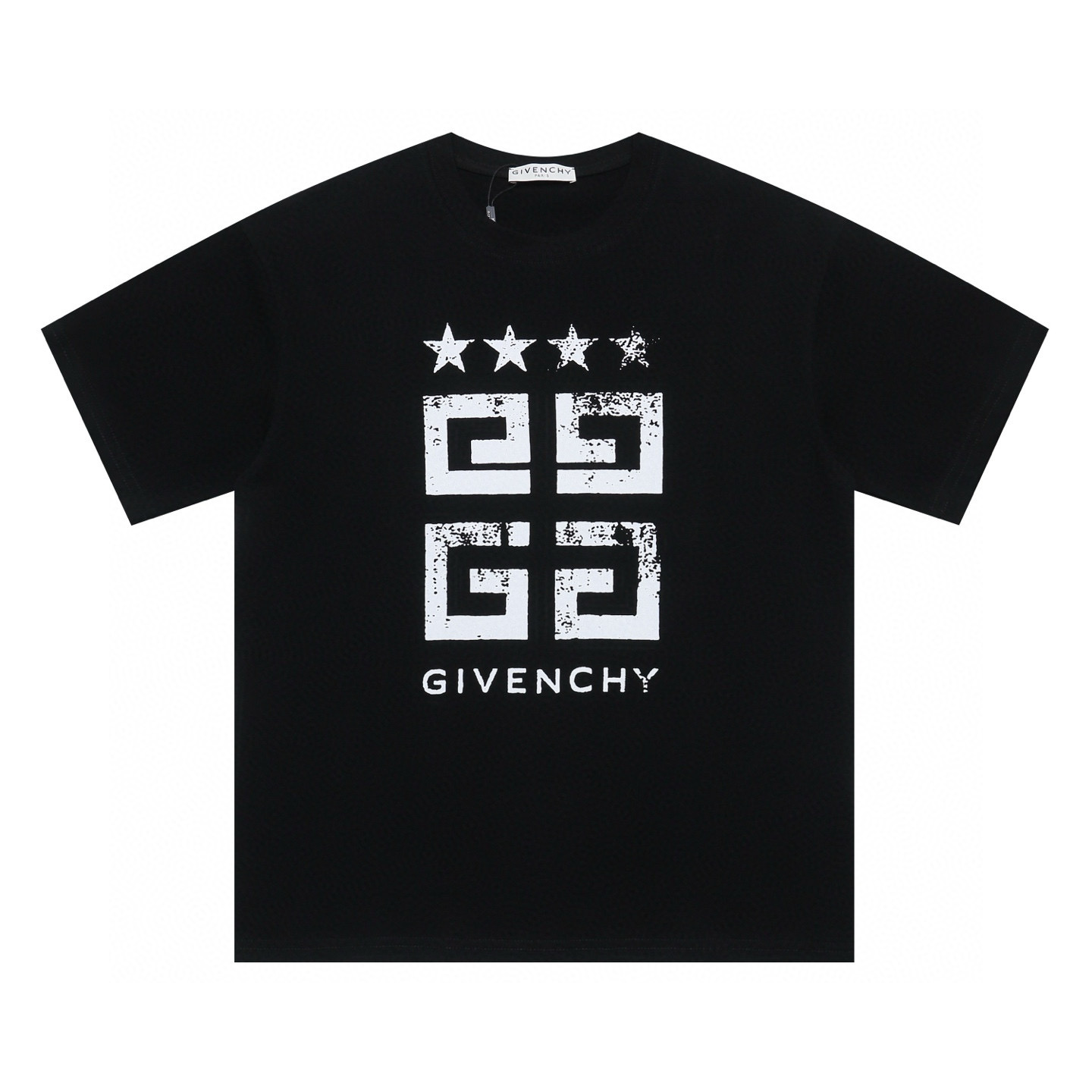 同图不同板，禁发平台版本，随意对比 200💰
GIVENCHY纪梵希2025ss新款五角星印花情侣休闲短袖T恤
👑最高版本！定制面料290克100%双纱棉！进口胶浆印花！
辅料：开模原版过鉴定领标➕100%真丝洗水标。正品代购级原版吊牌➕配套吊绳➕3D吊粒➕原版包装袋
工艺：原版一致走线！袖窿对版手法 最高版本！无数次的打版 百分百还原正品品相！
正确版本 男女同款 超级显眼 超级好看 超级大气！
颜色：白色  黑色
尺码：S-XL（图九)